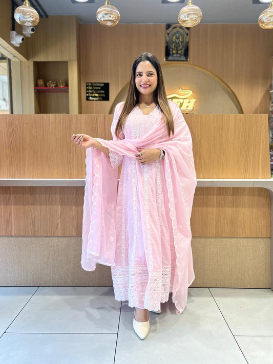 Pure Mull Cotton Pink Shoulder Anarkali 3pc Set