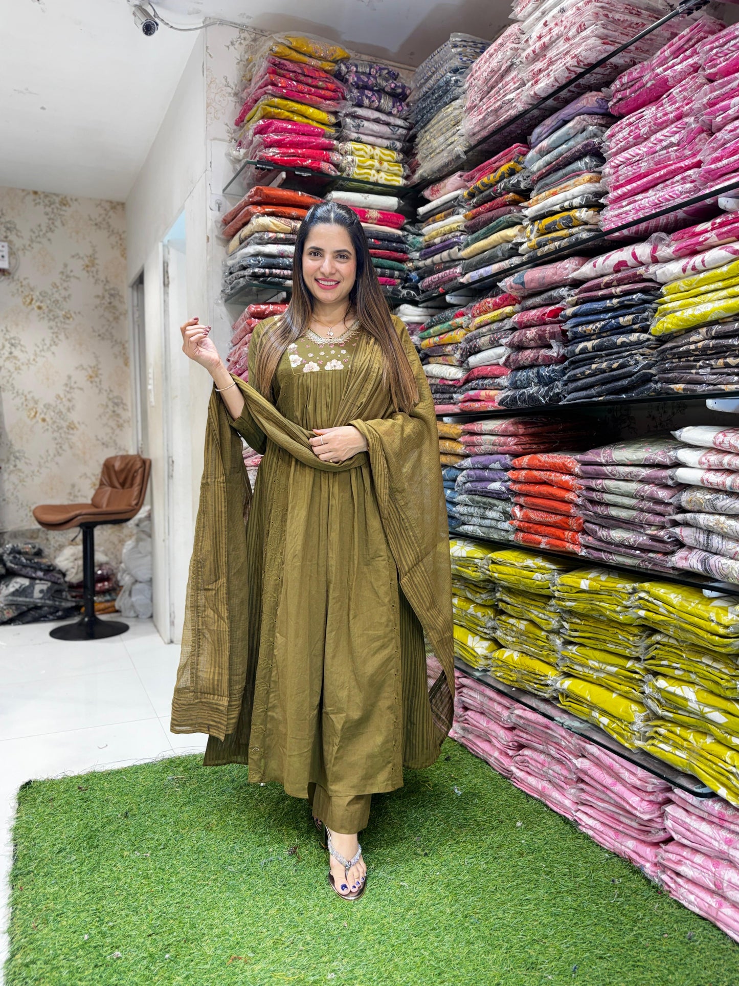 Pure Cotton Mull Chanderi Mahendi Green 3pc Set