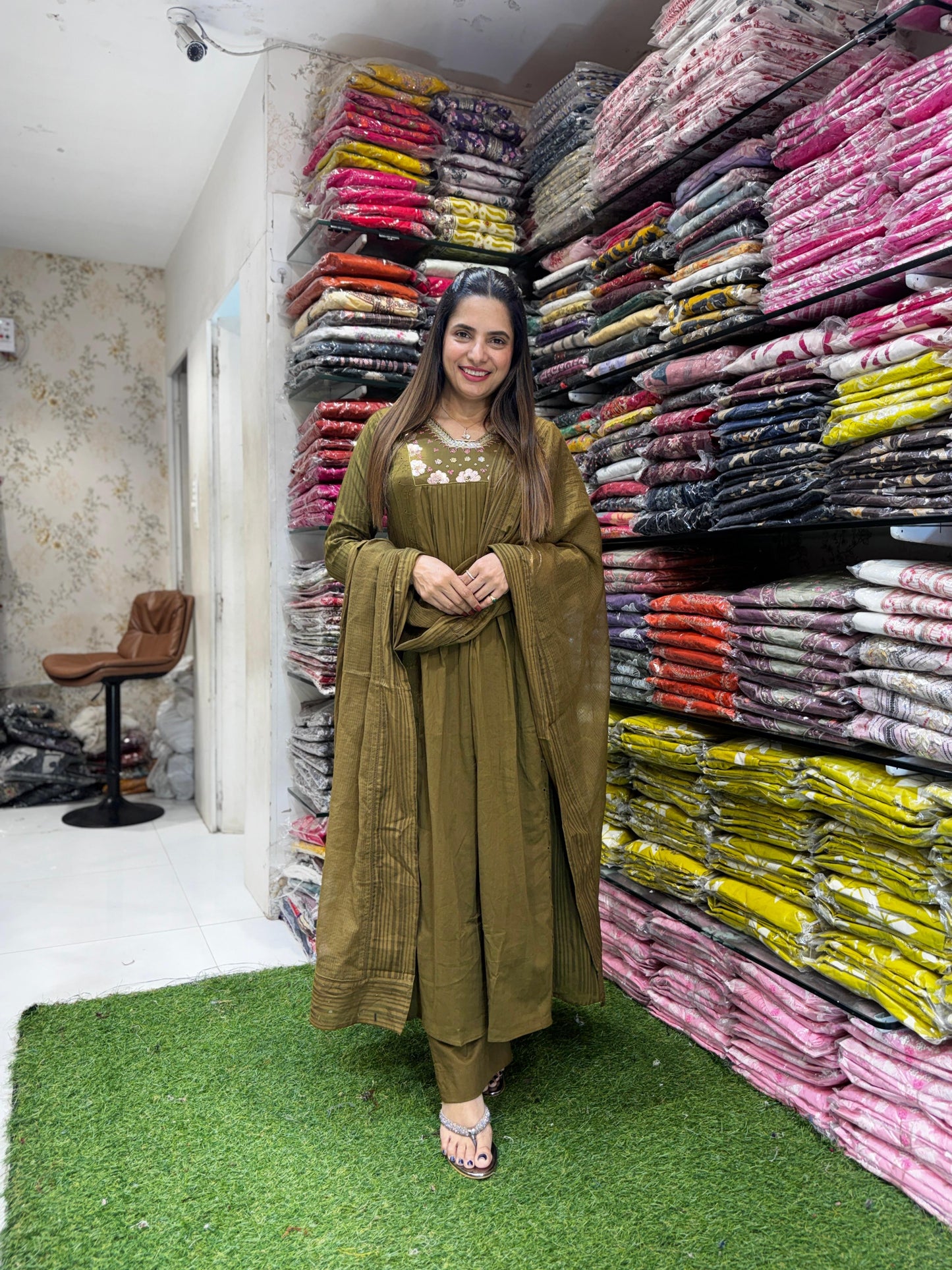 Pure Cotton Mull Chanderi Mahendi Green 3pc Set