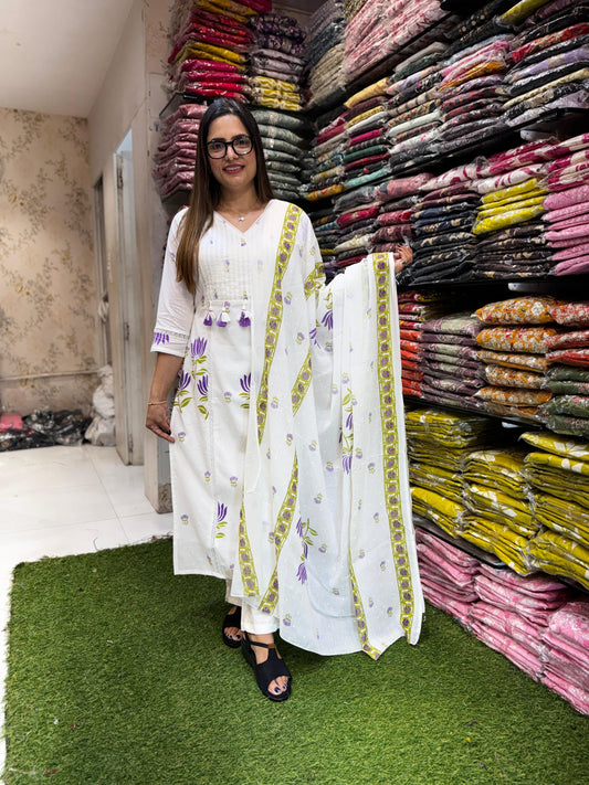 Pure Cotton Pearl White And Purple 3pc Set