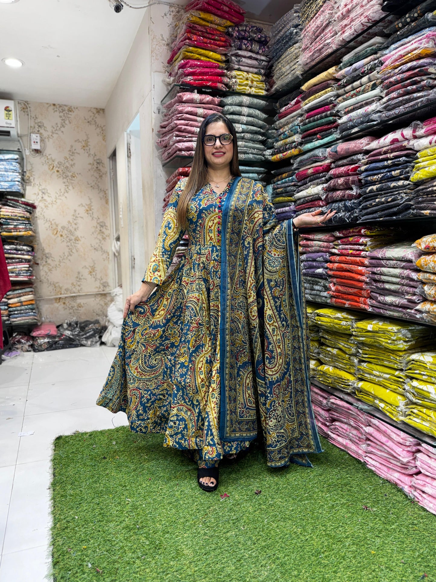 Pure Cotton Blue 24kali Anarkali 3pc Set