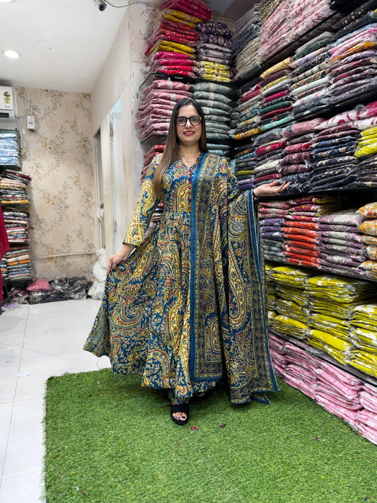 Pure Cotton Blue 24kali Anarkali 3pc Set