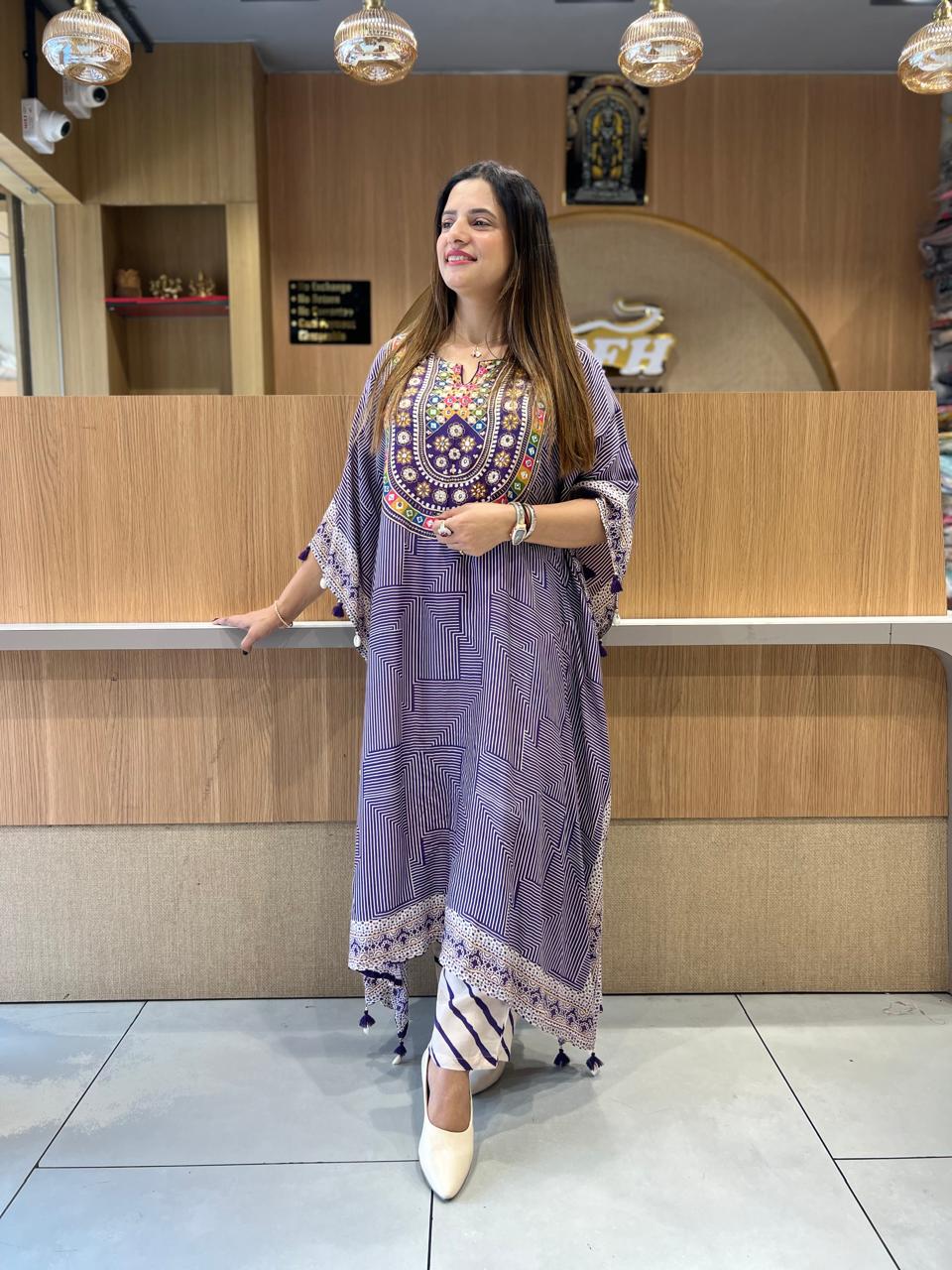 Pure Muslin Purple Kaftan 2pc Set