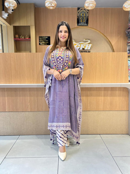 Pure Muslin Purple Kaftan 2pc Set