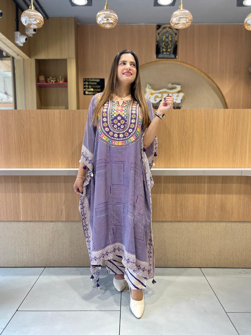 Pure Muslin Purple Kaftan 2pc Set