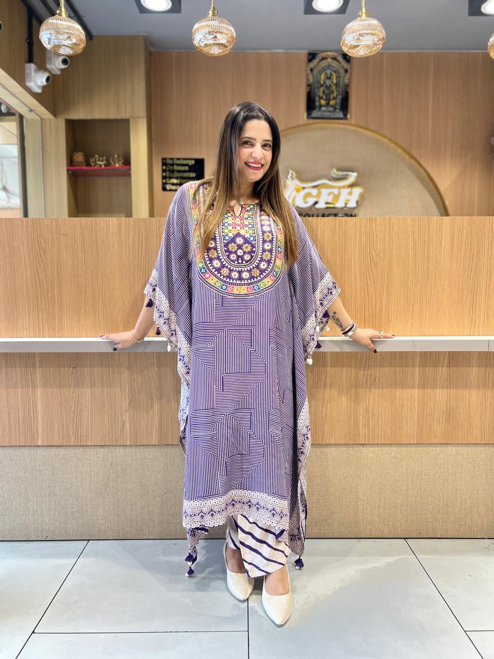Pure Muslin Purple Kaftan 2pc Set