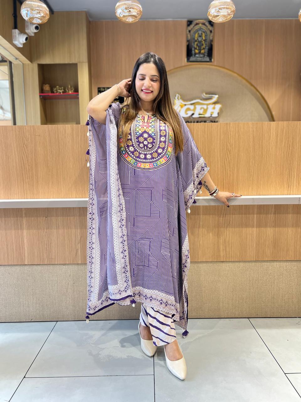 Pure Muslin Purple Kaftan 2pc Set