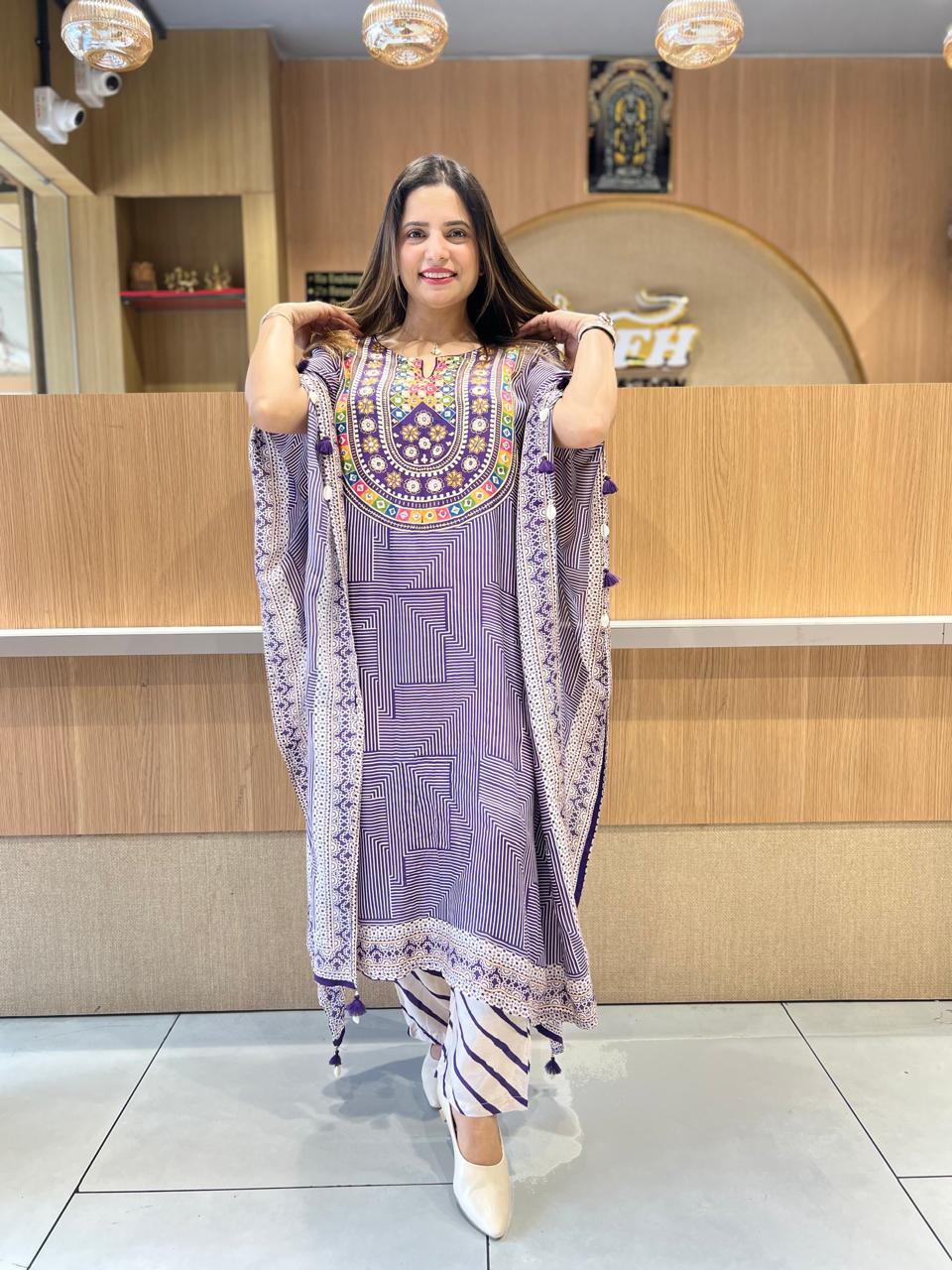 Pure Muslin Purple Kaftan 2pc Set