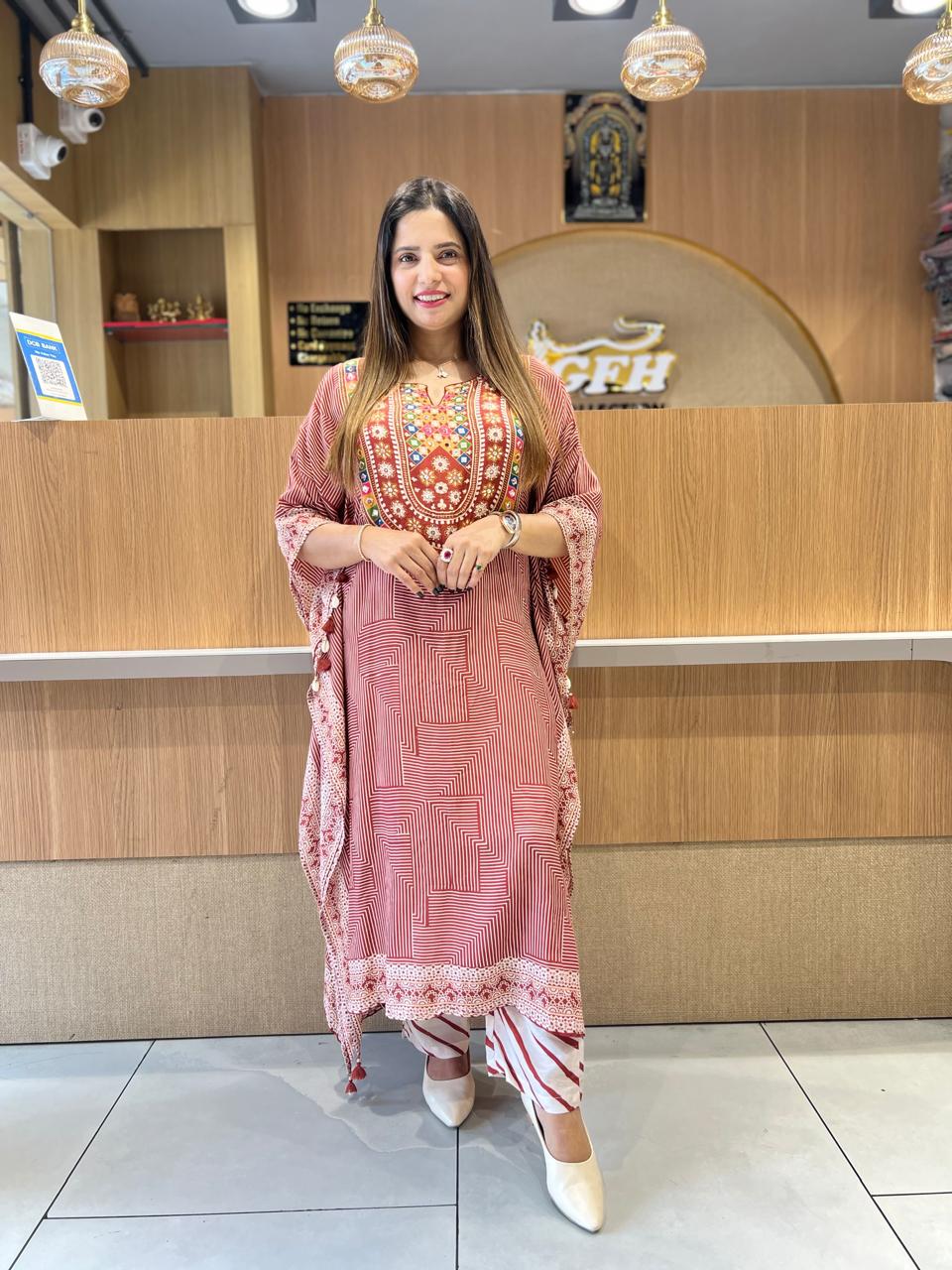 Pure Muslin Maroon Kaftan 2pc Set