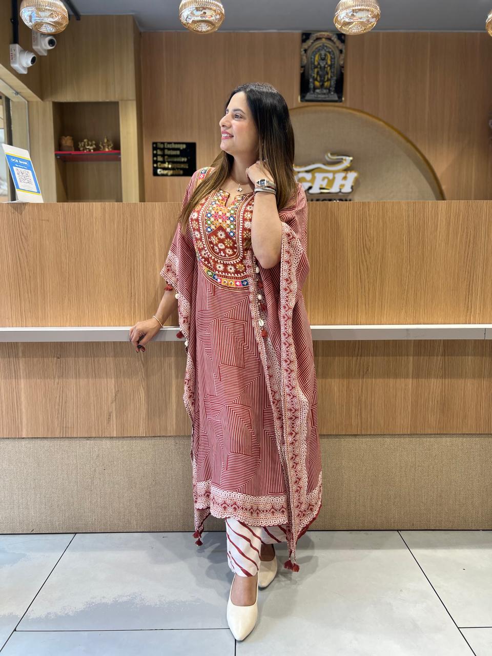 Pure Muslin Maroon Kaftan 2pc Set