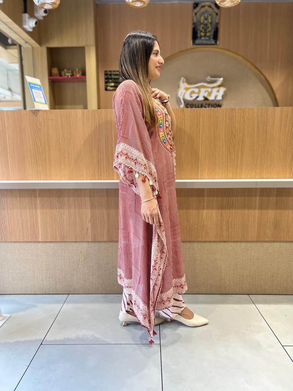 Pure Muslin Maroon Kaftan 2pc Set