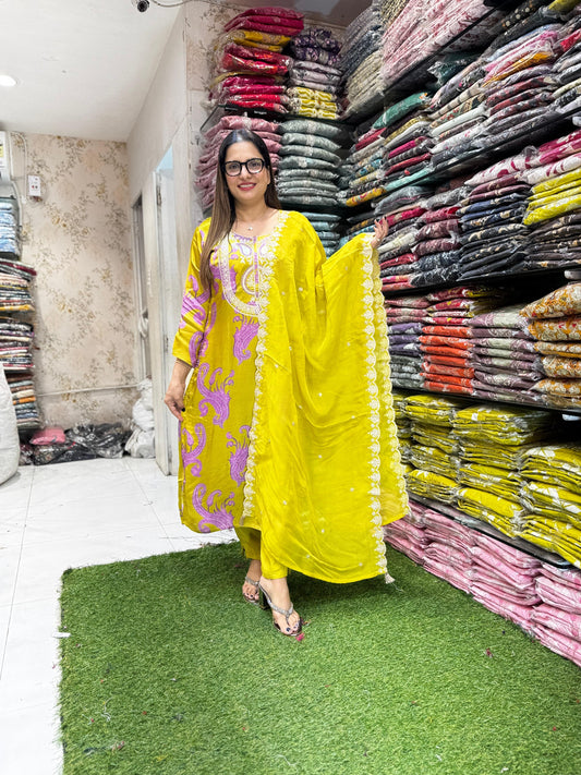 Pure Satin Gaji Yellow 3pc Set