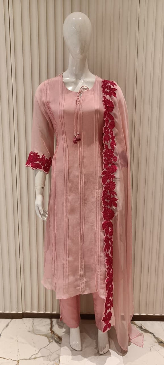 Pure Banaras Mull Chanderi Pink 3pc Set