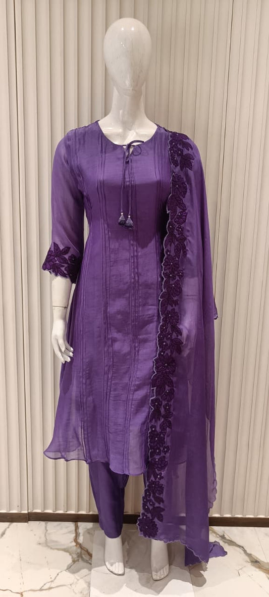 Pure Banaras Mull Chanderi Purple 3pc Set