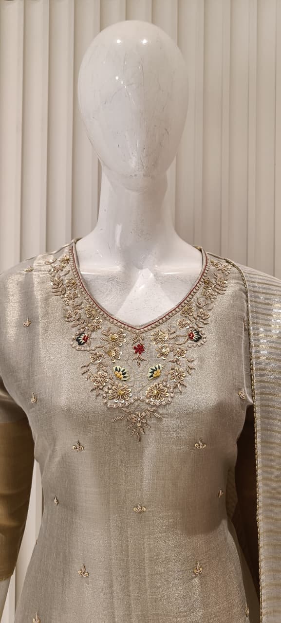 Pure Silk Half & Half Ivory And Golden 3pc Set