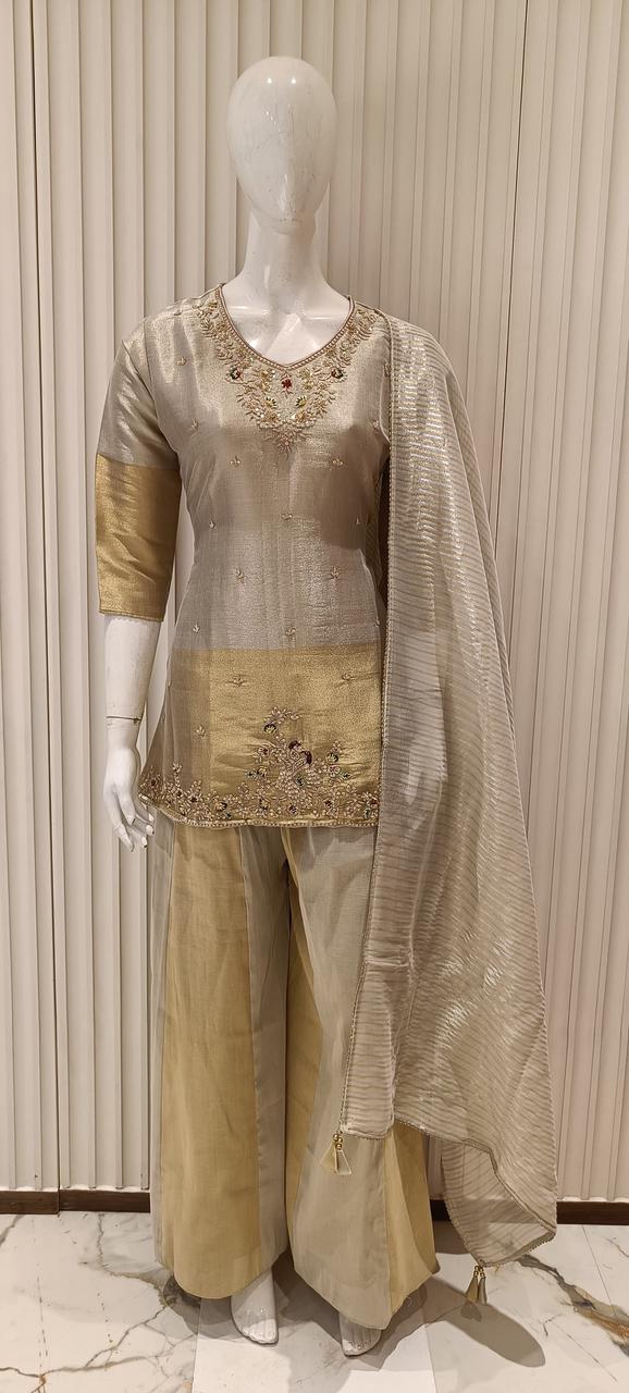 Pure Silk Half & Half Ivory And Golden 3pc Set