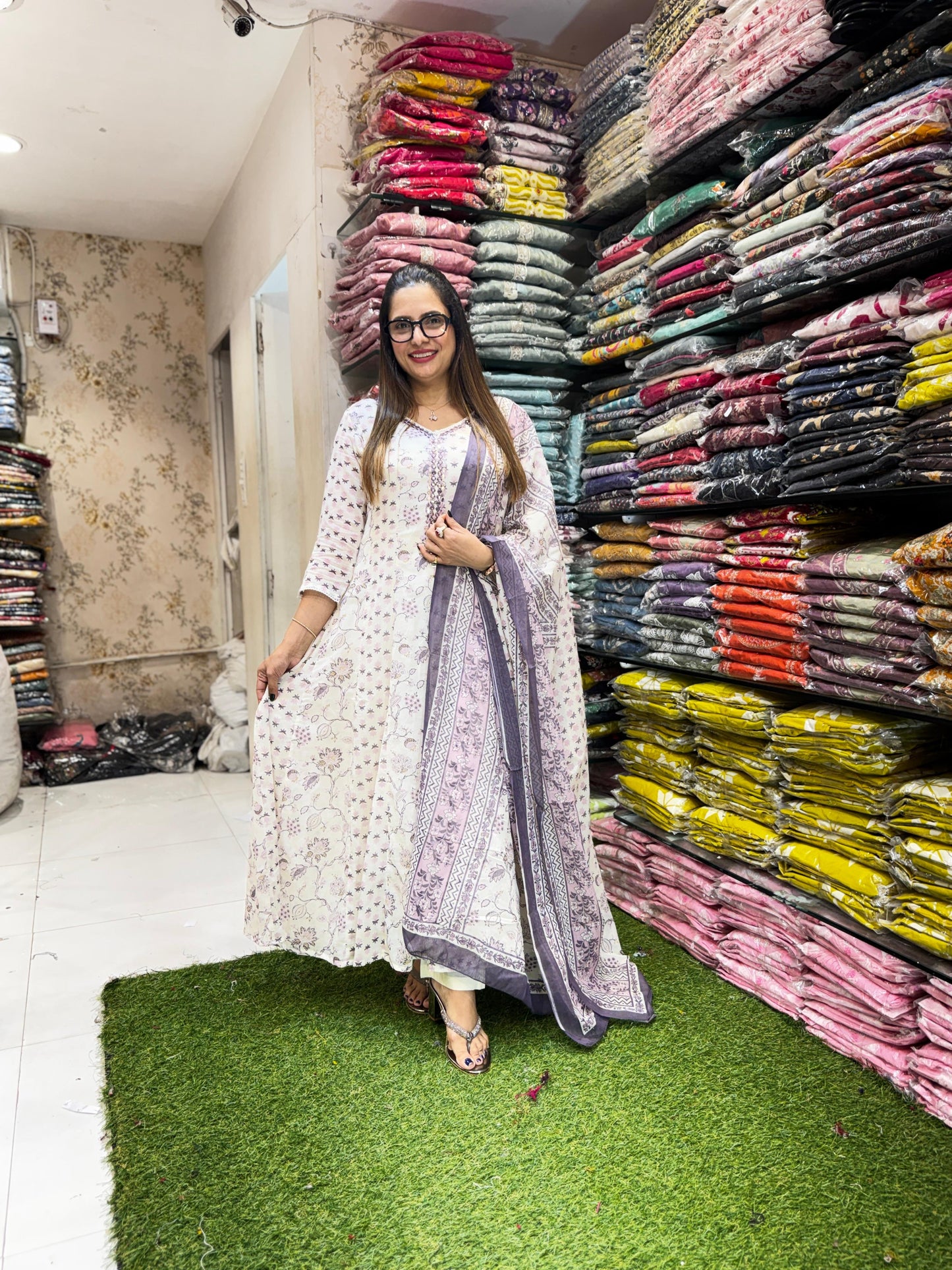 Pure Mull Cotton Off White And Falsa Shoulder Anarkali 3pc Set