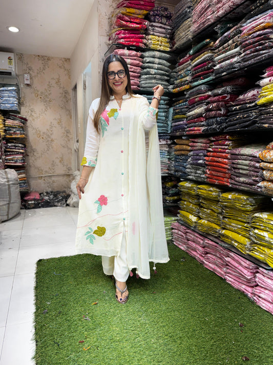Pure Crush Banaras Mull Chanderi Off White 3pc Set