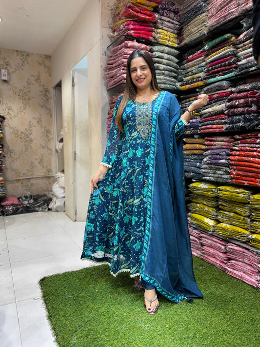Pure Viscoce Organza Teal Blue Shoulder Anarkali 3pc Set