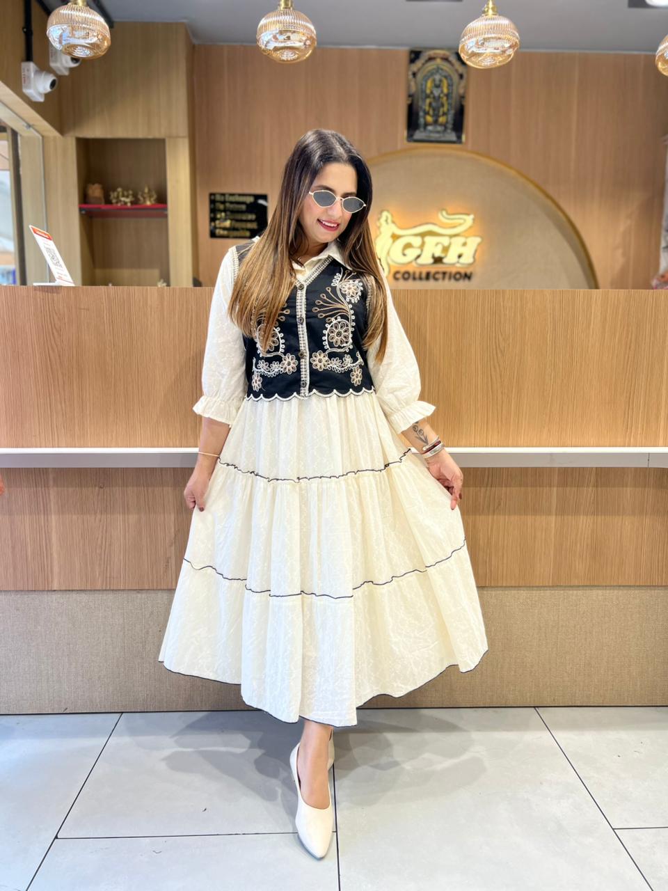 Pure Mull Cotton Off White Midi With Jacket