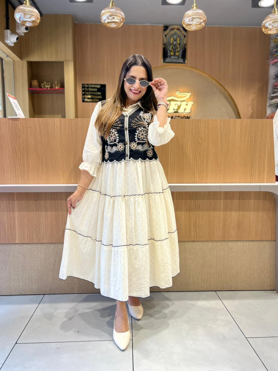 Pure Mull Cotton Off White Midi With Jacket
