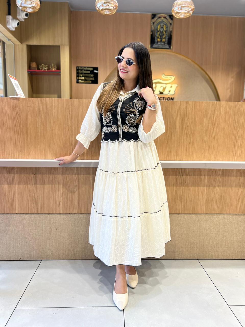Pure Mull Cotton Off White Midi With Jacket