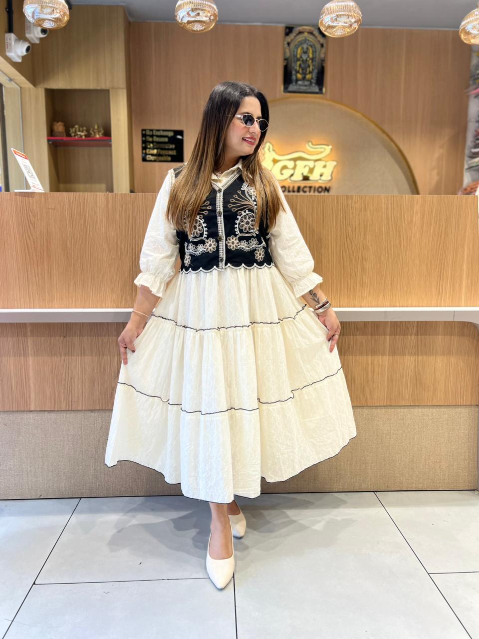Pure Mull Cotton Off White Midi With Jacket