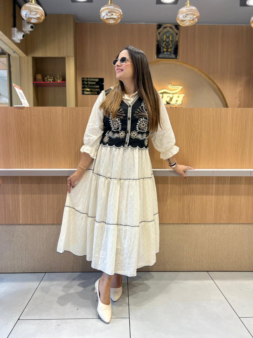 Pure Mull Cotton Off White Midi With Jacket