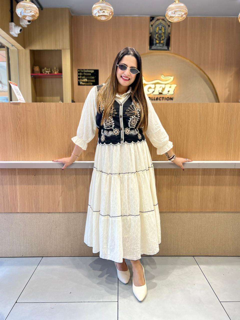 Pure Mull Cotton Off White Midi With Jacket