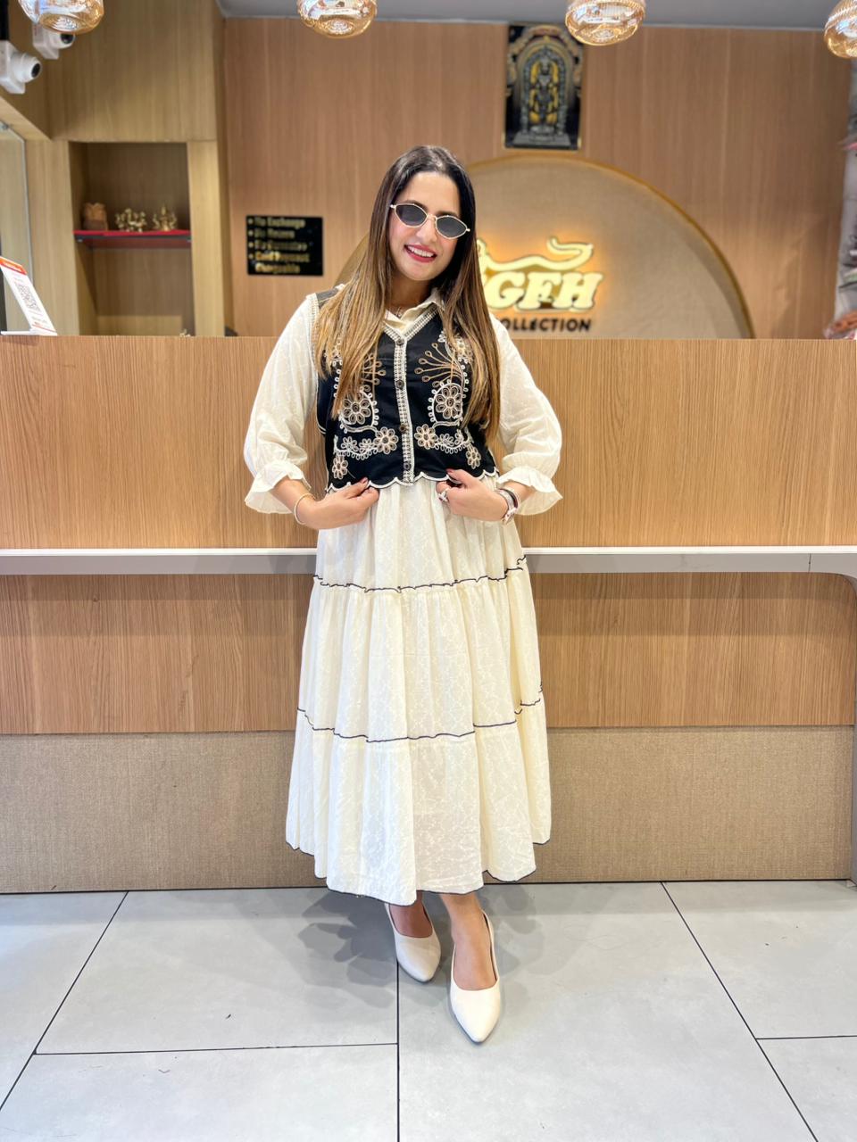 Pure Mull Cotton Off White Midi With Jacket