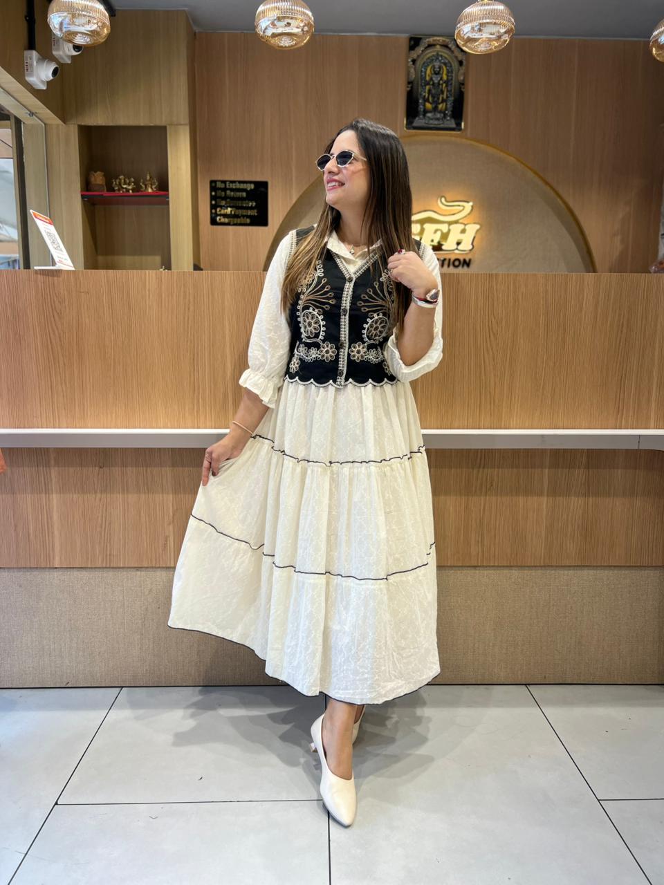 Pure Mull Cotton Off White Midi With Jacket