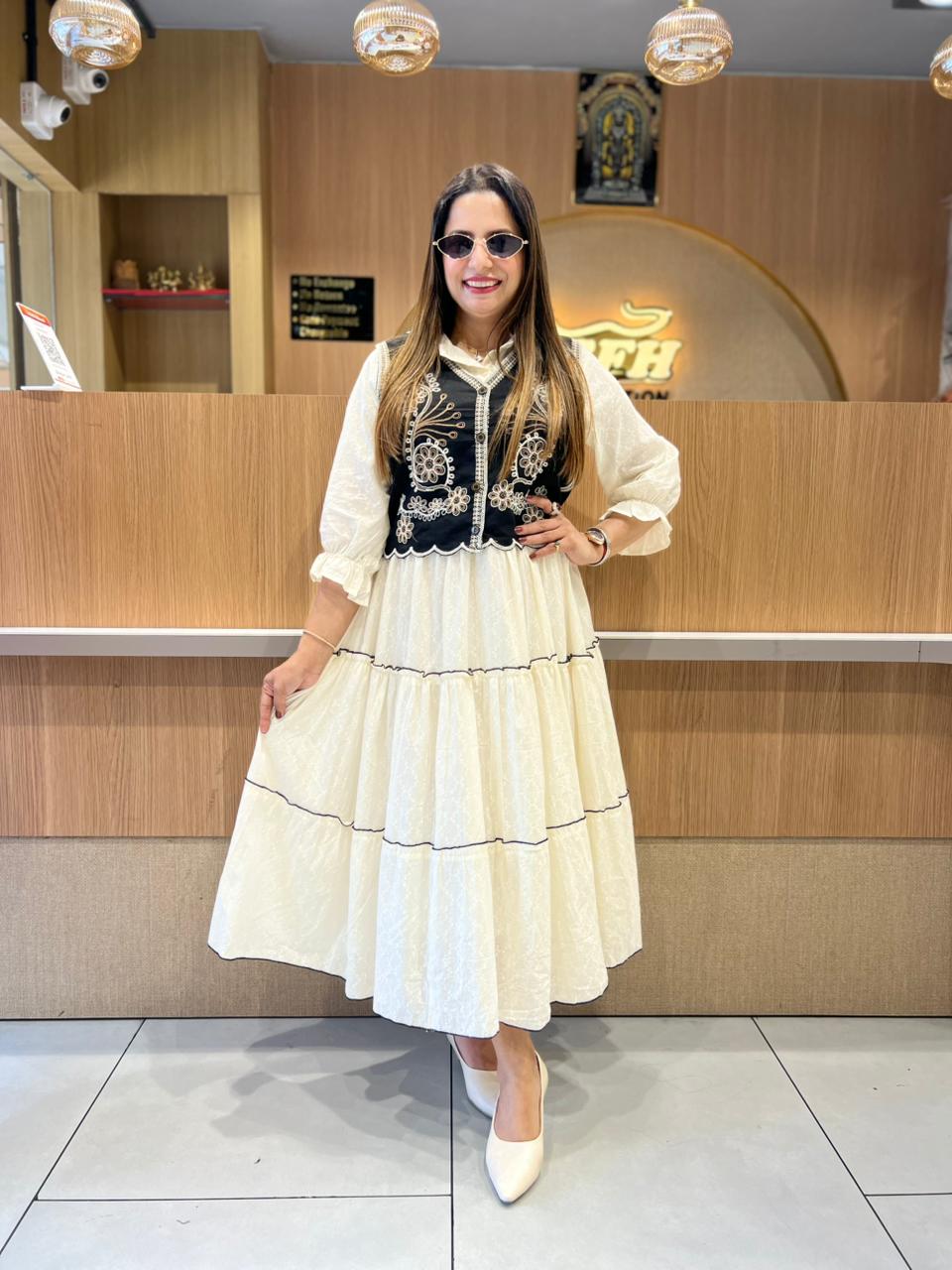Pure Mull Cotton Off White Midi With Jacket