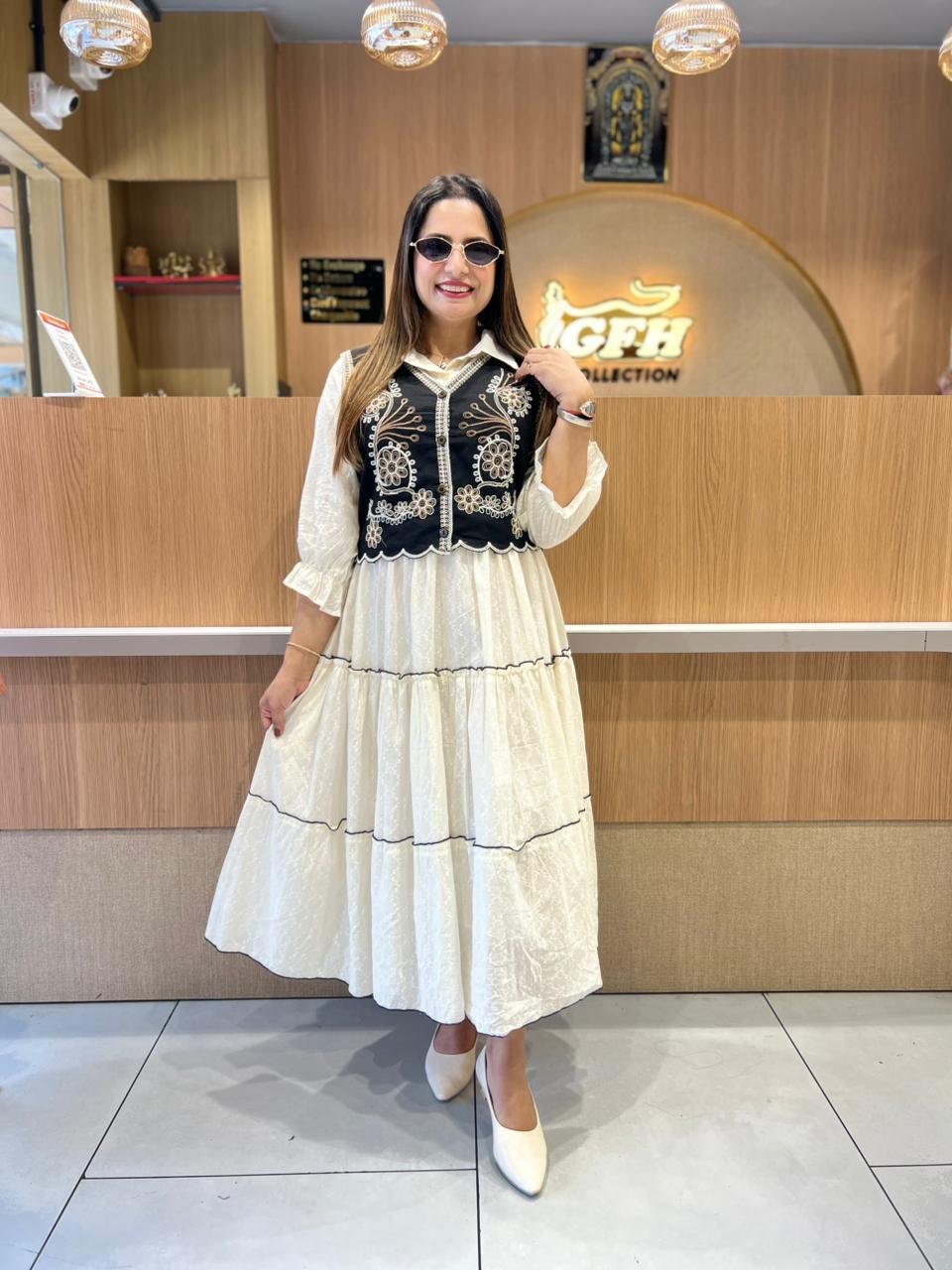 Pure Mull Cotton Off White Midi With Jacket