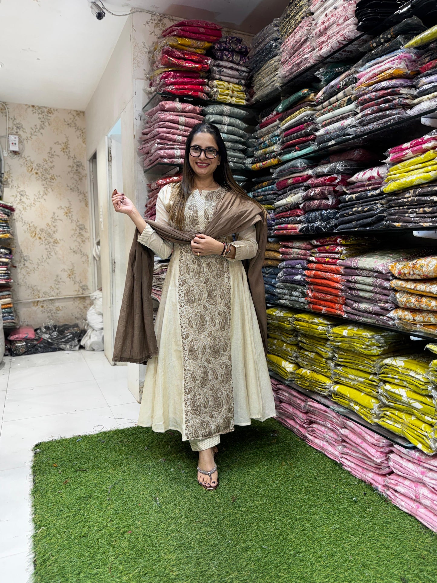 Pure Linen Silk Dusty Off White Anarkali 3pc Set