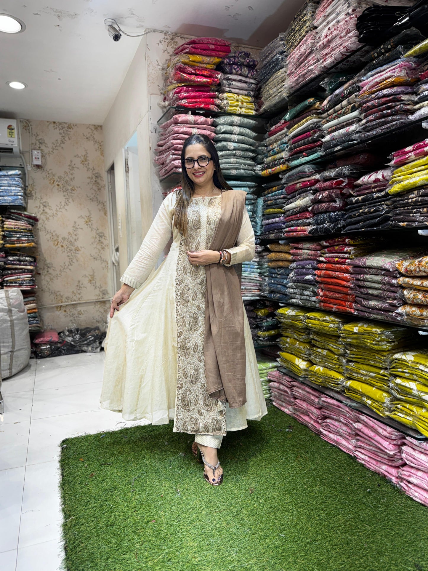 Pure Linen Silk Dusty Off White Anarkali 3pc Set