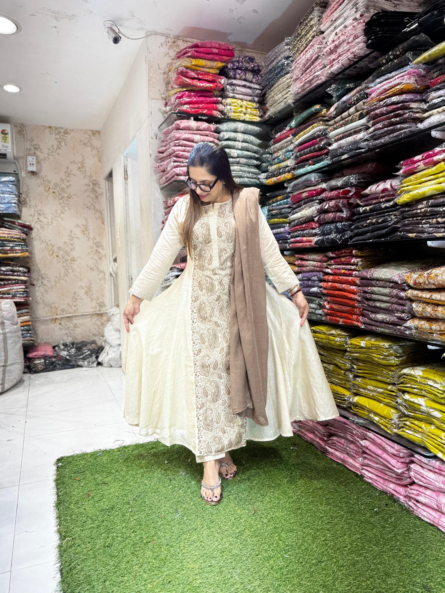 Pure Linen Silk Dusty Off White Anarkali 3pc Set