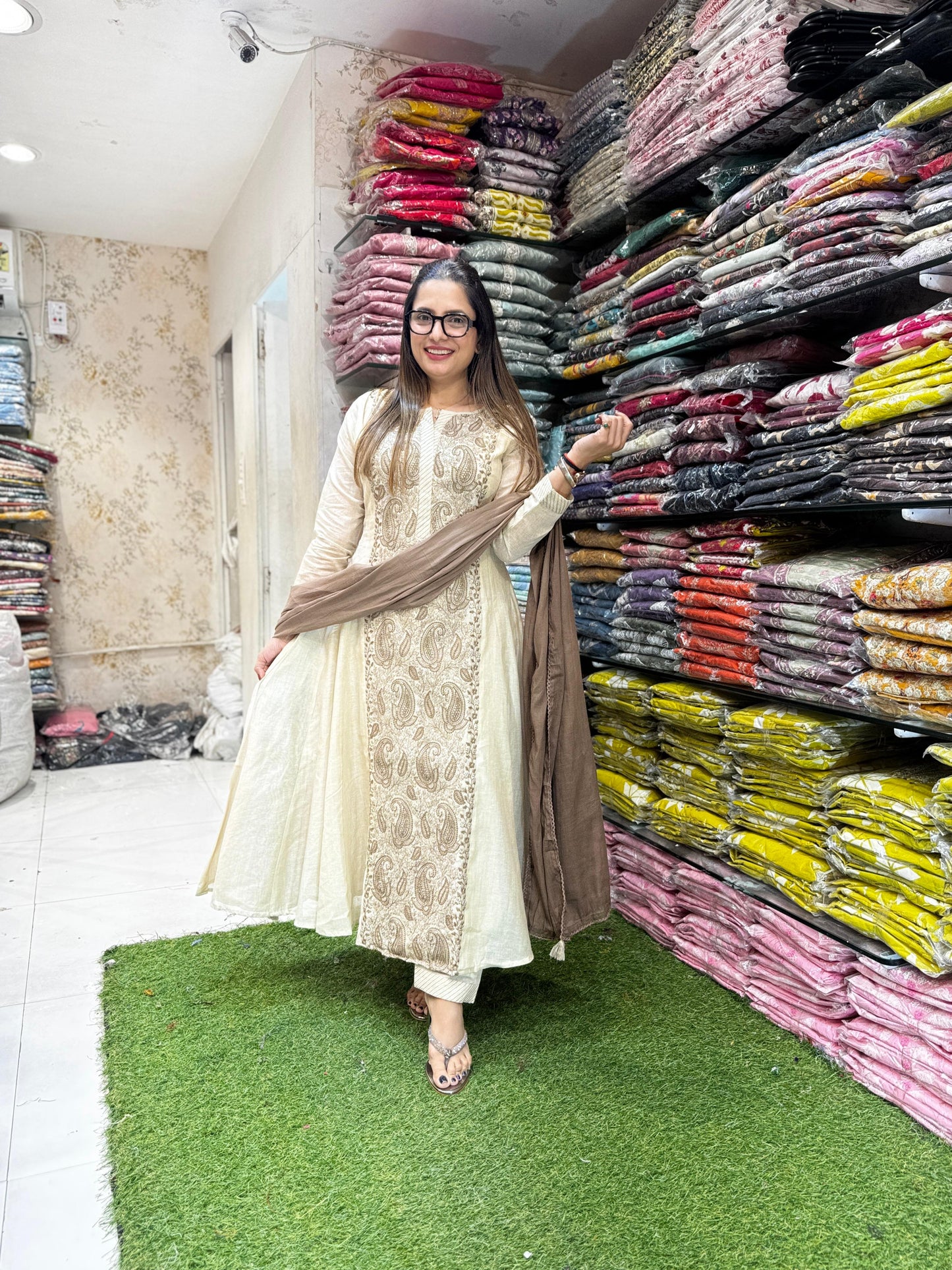 Pure Linen Silk Dusty Off White Anarkali 3pc Set