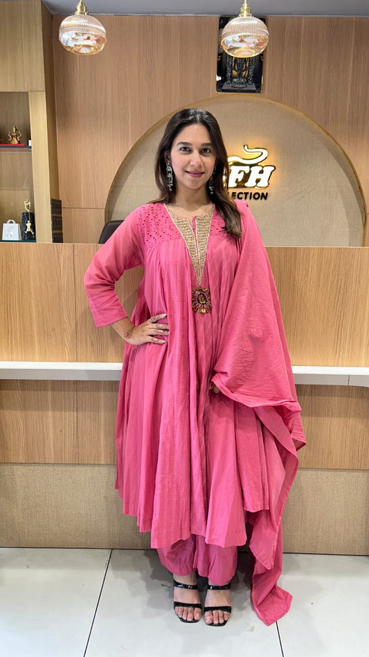 Premium Cotton Partywear Anarkali Pink 3pc Set