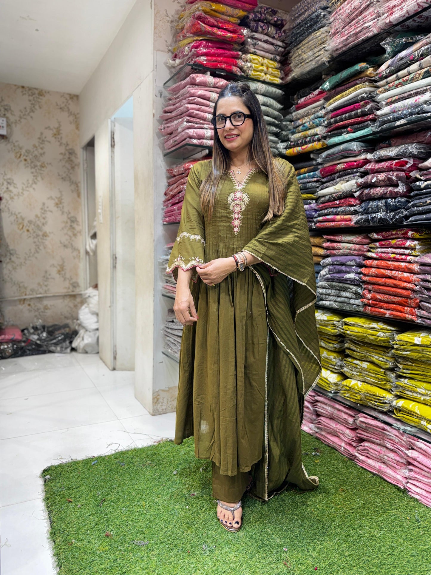 Pure Cotton Dark Mahendi Green 3pc Set