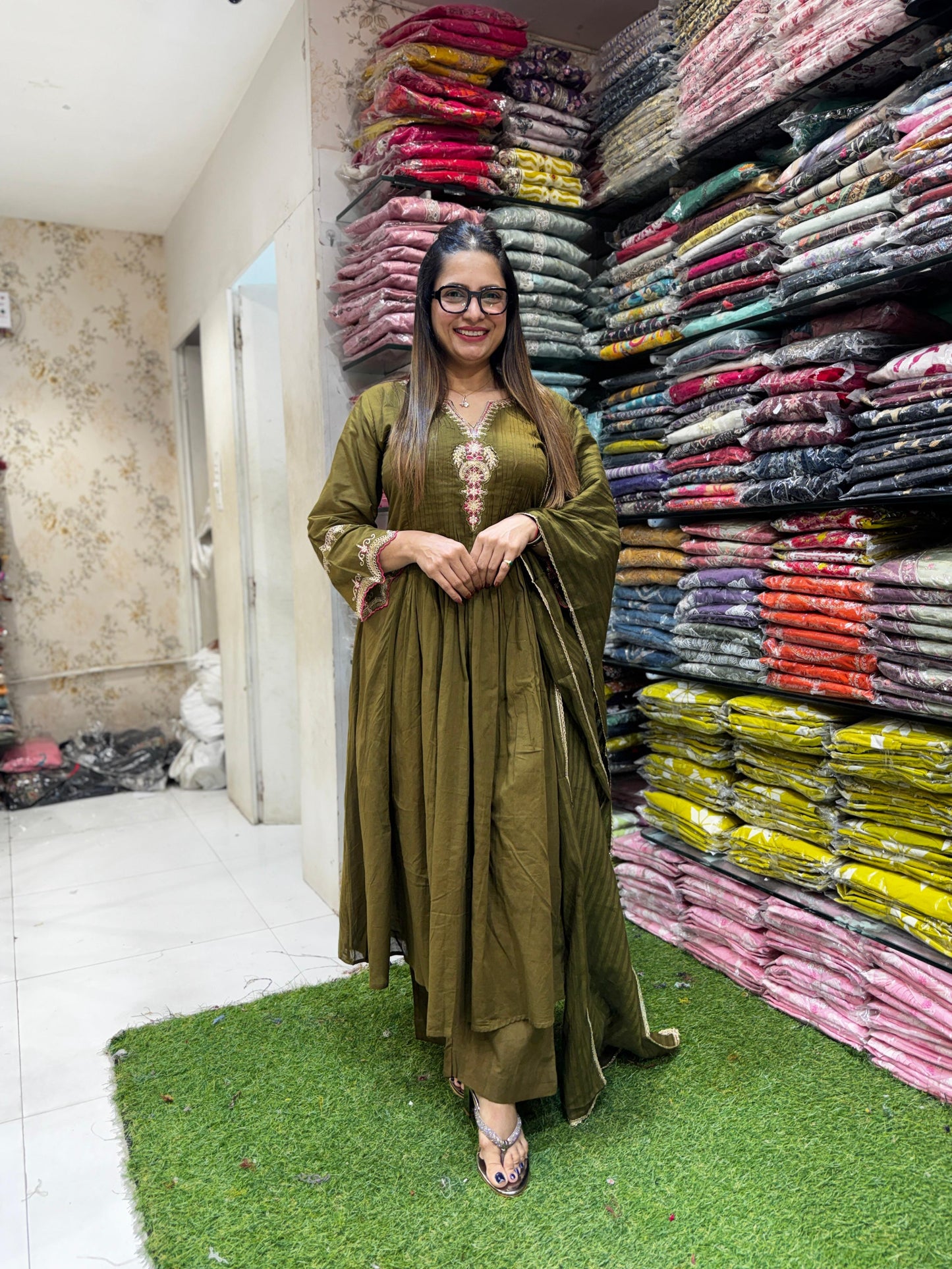 Pure Cotton Dark Mahendi Green 3pc Set