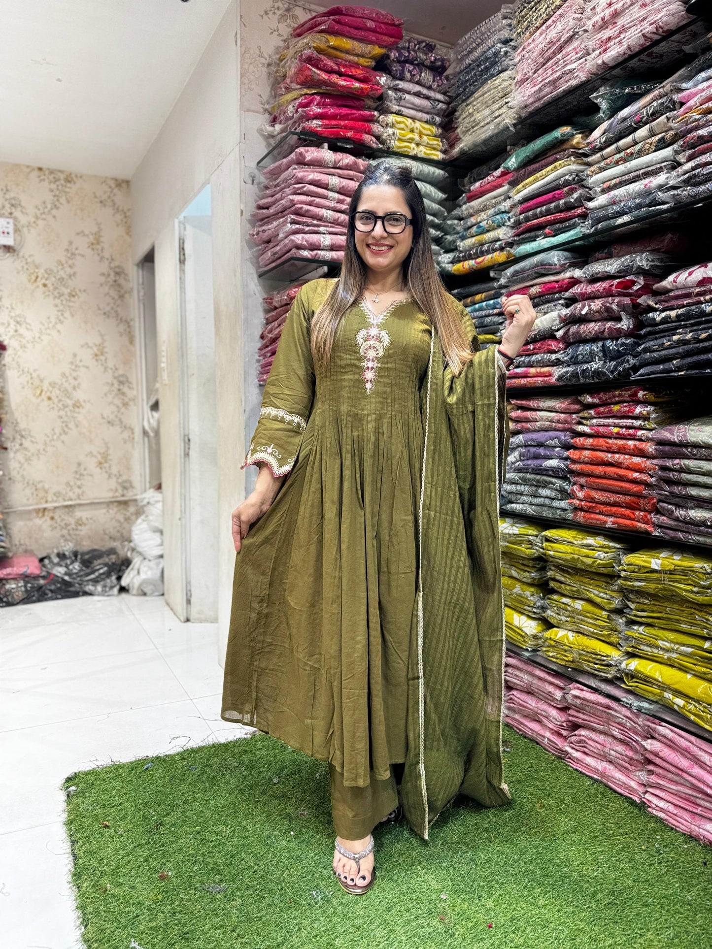 Pure Cotton Dark Mahendi Green 3pc Set