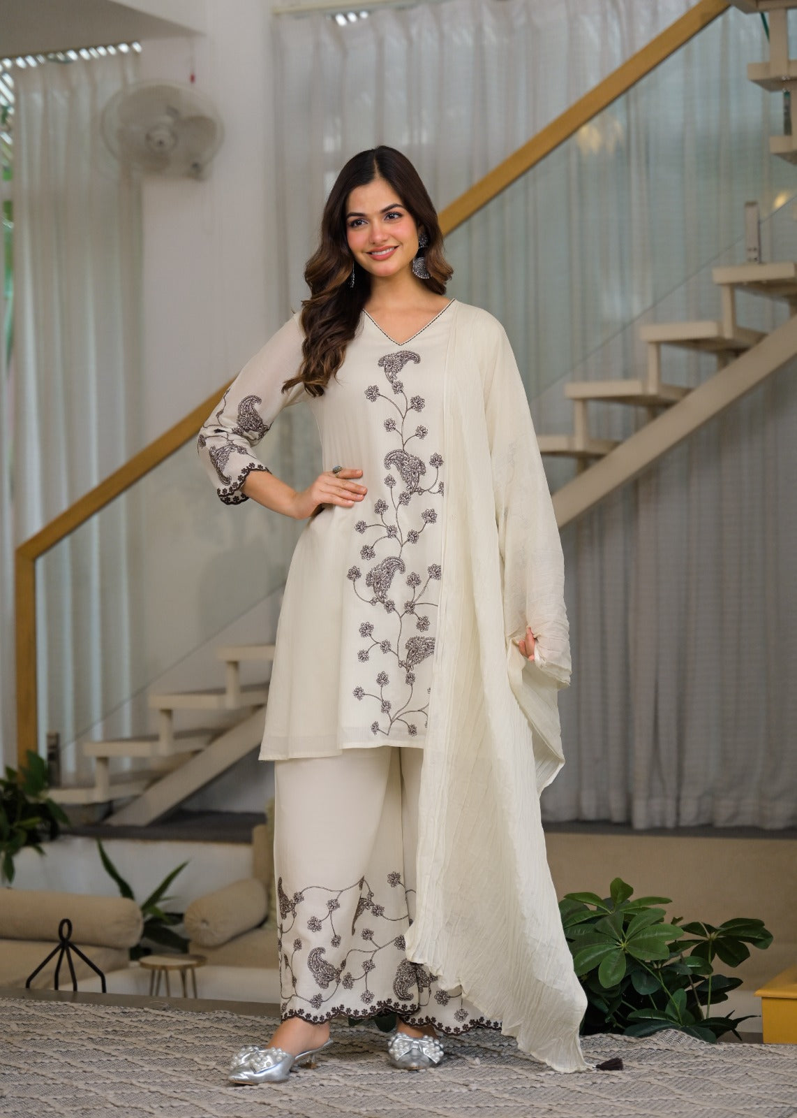 Pure Mull Cotton Off White And Black 3pc Set