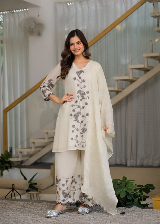 Pure Mull Cotton Off White And Black 3pc Set