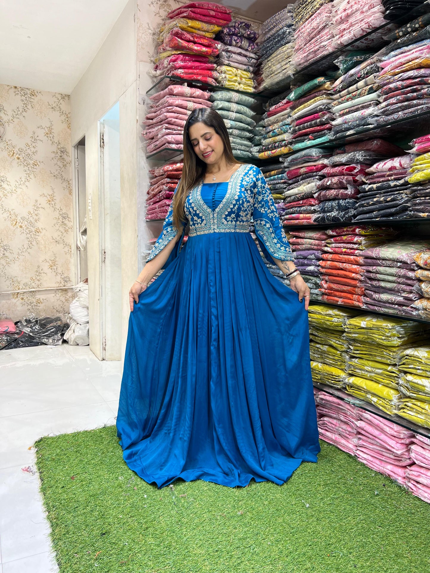 Pure Chinon Firozi Gown