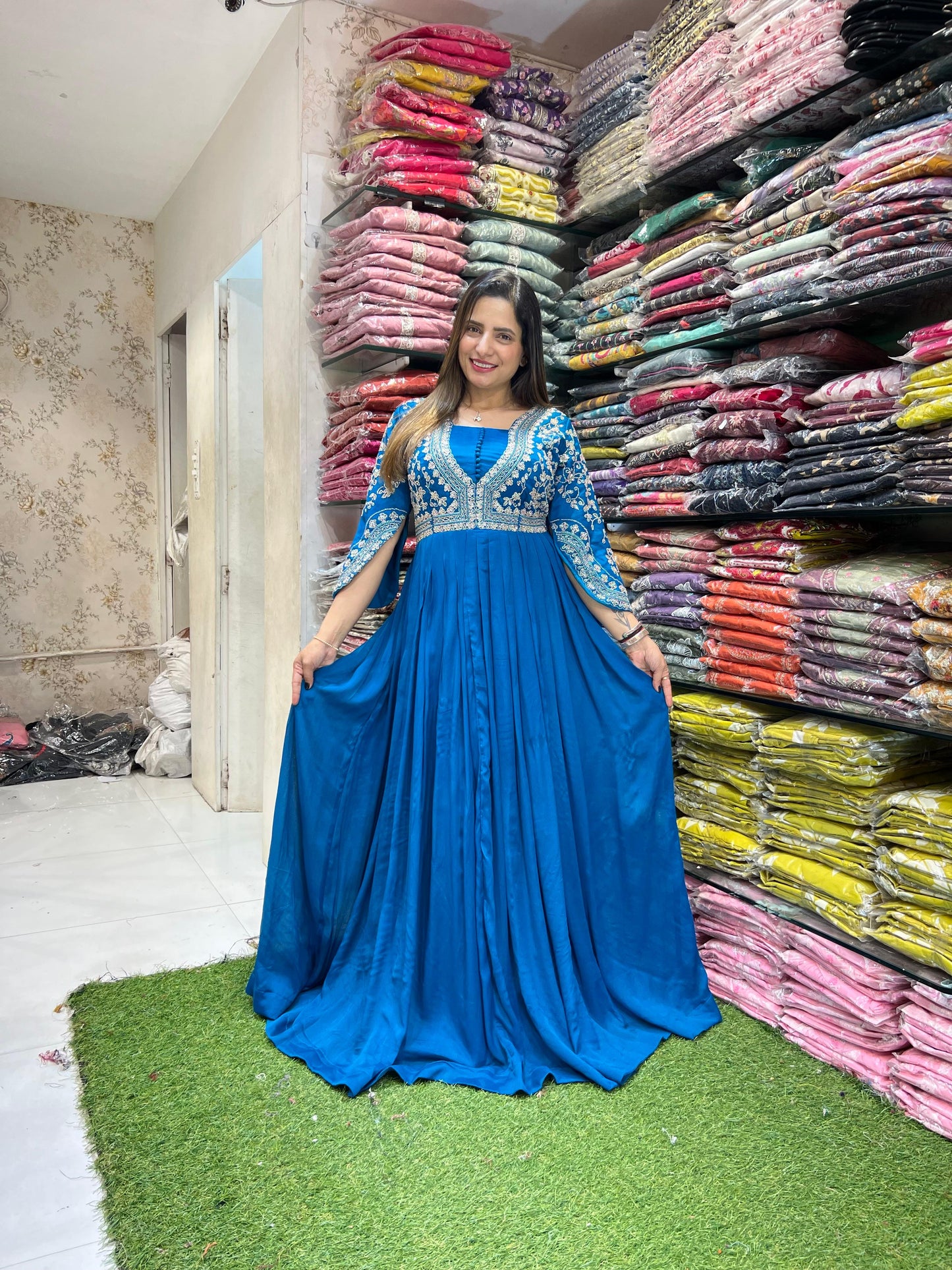 Pure Chinon Firozi Gown