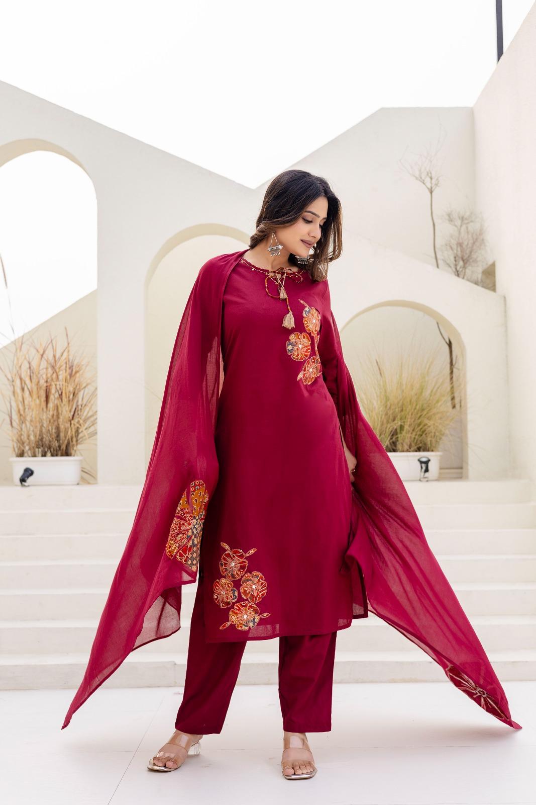 Pure Cotton Maroon 3pc Set