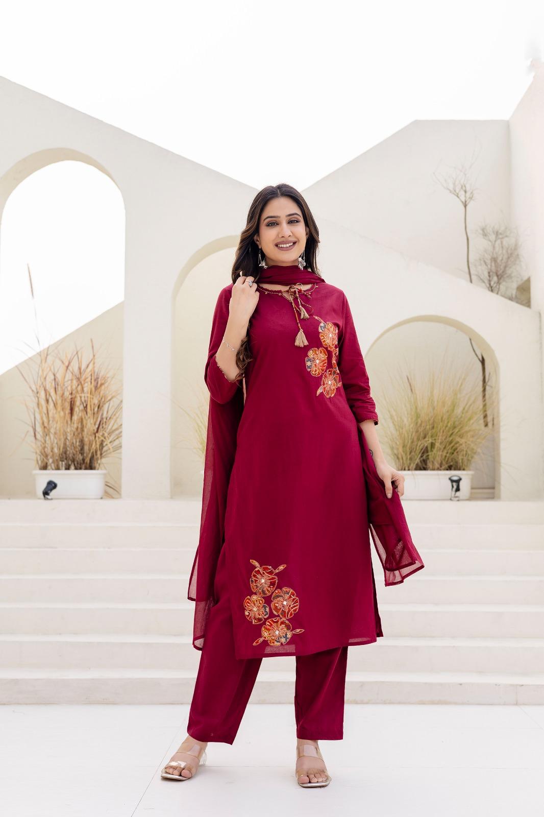 Pure Cotton Maroon 3pc Set