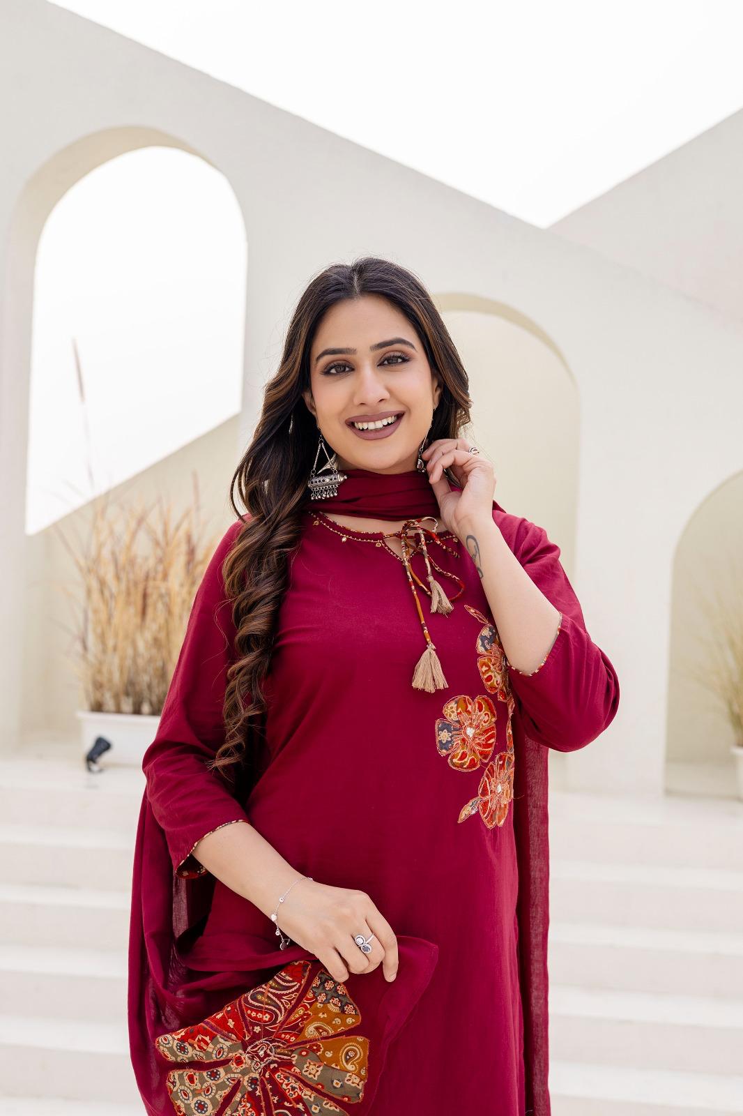 Pure Cotton Maroon 3pc Set