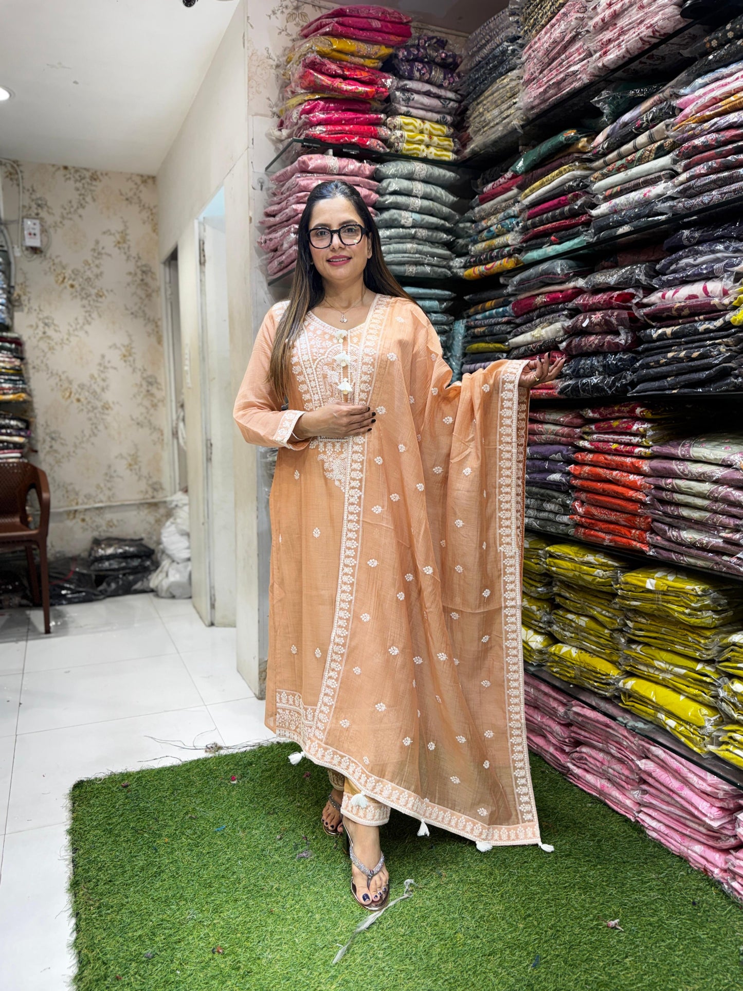 Pure Banaras Mull Chanderi Peach 3pc Set