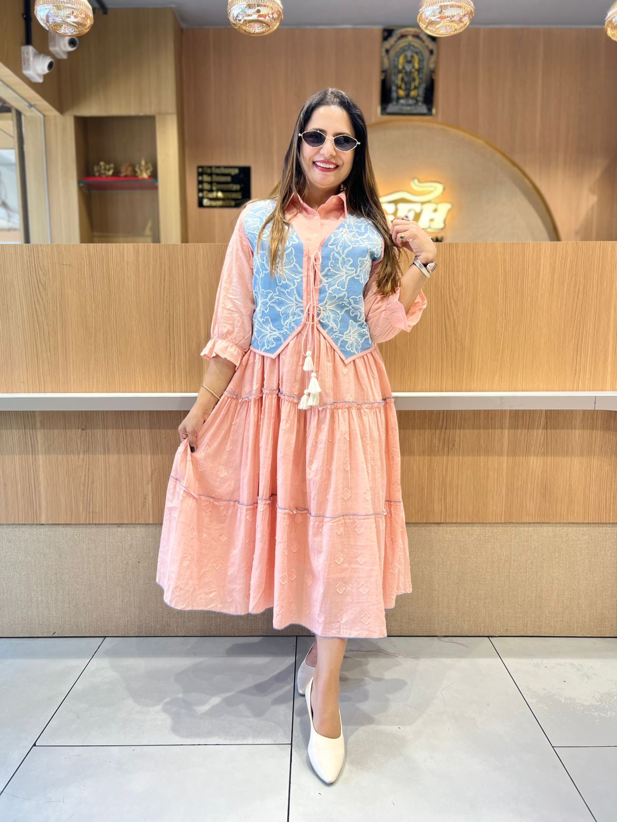 Pure Mull Cotton Peach Pink Midi With Jacket